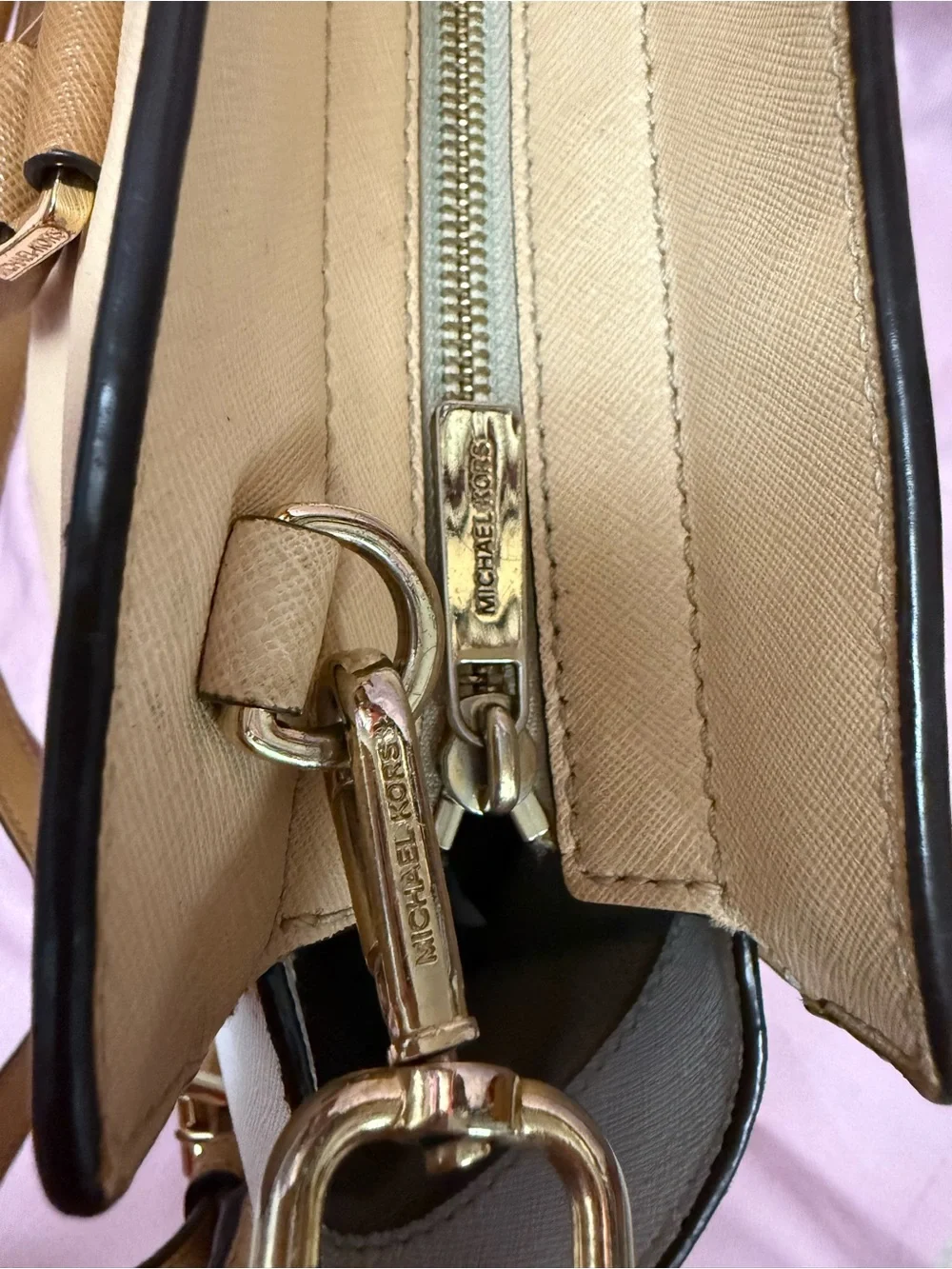 Michael Kors Selma Tan and White Saffiano Leather Satchel